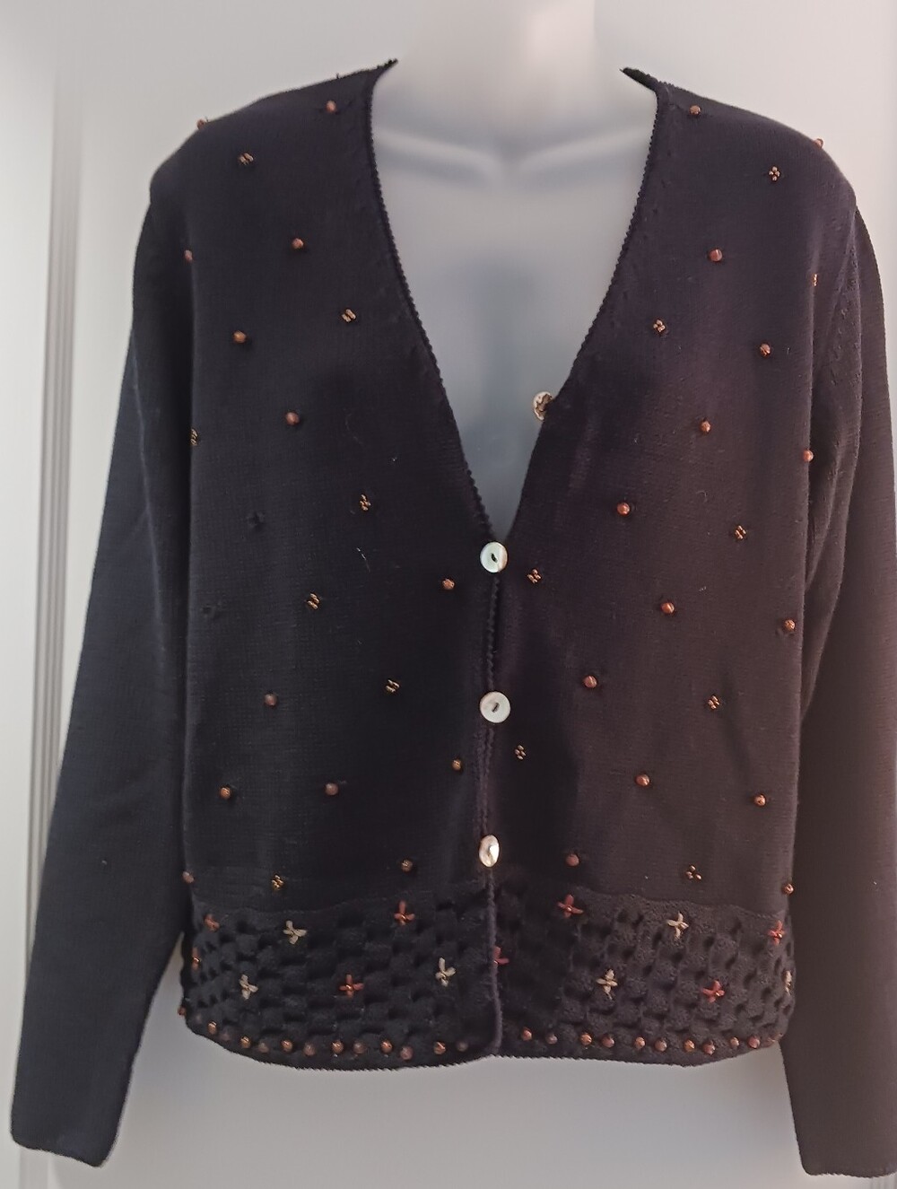 Black Beaded V-Neck Women's Cardigan Sweater
